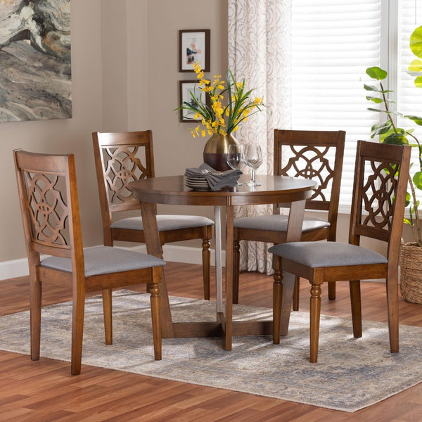 Baxton Studio Baxton Studio Valerie 5-Piece Dining Set - Modern Round Table with Stylish Grey Upholstered Chairs Ferne-Grey/Walnut-5PC Dining Set