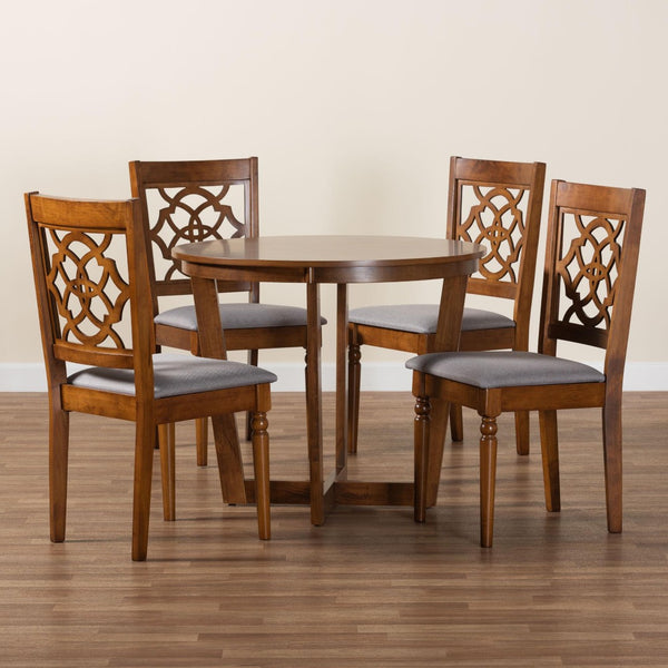 Baxton Studio Baxton Studio Valerie 5-Piece Dining Set - Modern Round Table with Stylish Grey Upholstered Chairs Ferne-Grey/Walnut-5PC Dining Set