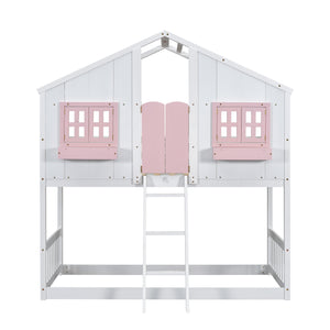 English Elm Twin House Bunk Bed with Roof, Window Box, Door, Guardrails & Ladder—Sturdy Pine Playful Design for Kids Pink+White W504S00151