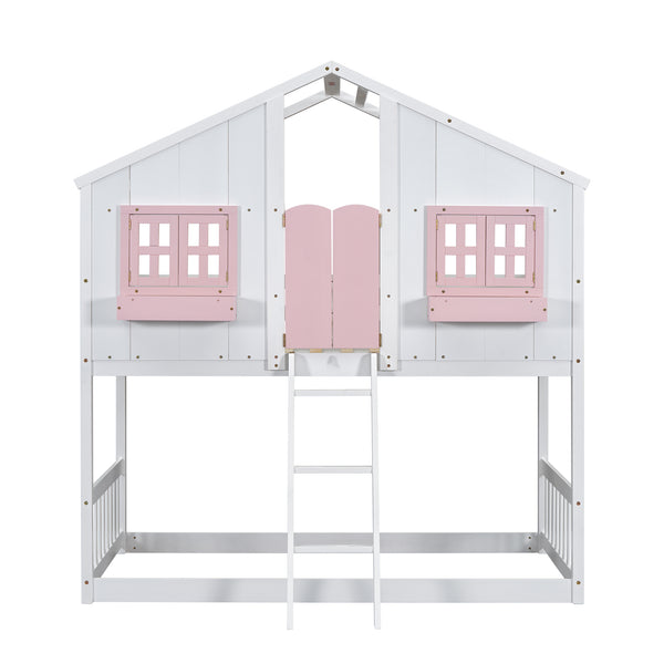 English Elm Twin House Bunk Bed with Roof, Window Box, Door, Guardrails & Ladder—Sturdy Pine Playful Design for Kids Pink+White W504S00151