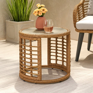 English Elm Christopher Knight Home® - TATIANA Side Table Rattan Accent with Sleek Round Profile, Durable Woven Texture, Compact Design Light Brown 66027.00LBRN