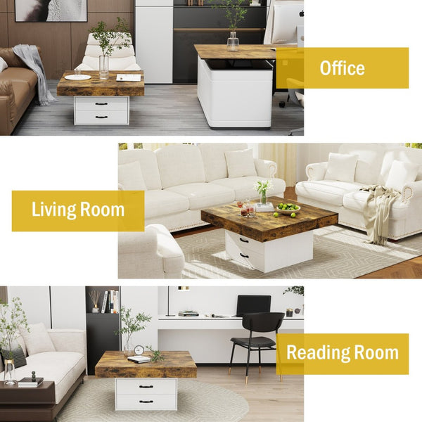 English Elm Coffee Table Square Led Lit Engineered Wood Farmhouse Design with Storage Drawers White W1550P317688