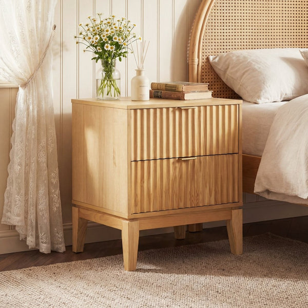 English Elm Natural Rubber Wood Fluted 2 Drawer Nightstand with Gold Pulls for Modern Bedrooms N758P386962N