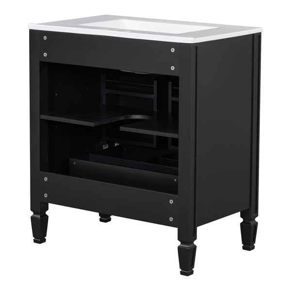 English Elm Christopher Knight Home® - 30" Bathroom Vanity with Sink Vintage Freestanding Ceramic Top Soft-Close Doors Gold Knobs, Storage Black N759P226000B