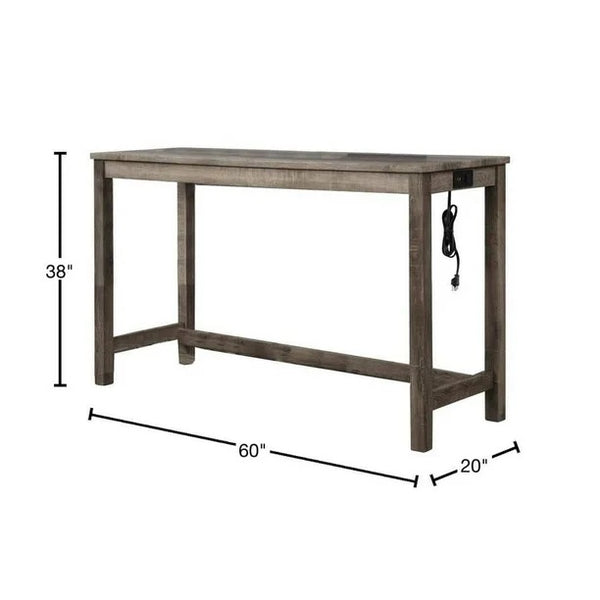 English Elm Transitional 3-Piece Counter Bar Dining Set with Weathered Gray Wood, Tufted Beige Stools, USB Ports Brown+Beige 63 L x 23 W x 5 H B011S01826