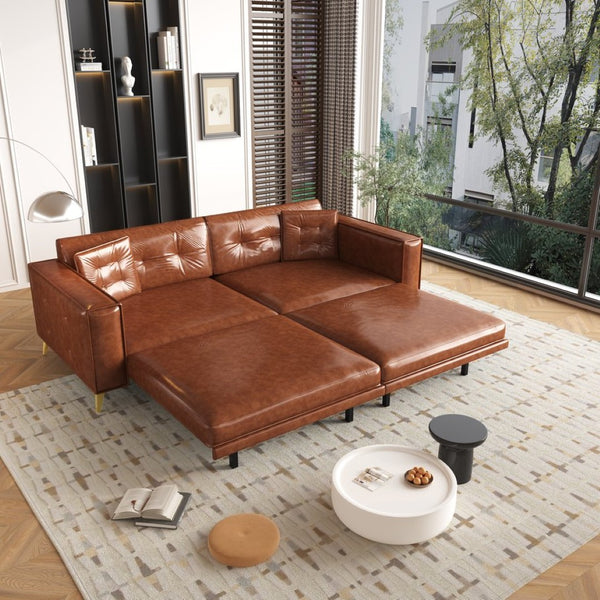 English Elm 92.1"king Faux Leather Convertible Sleeper Sofa Tufted 4 Seat Pull Out Living Room Couch Light Brown W1885S00408