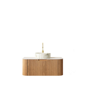 English Elm Dina Floating Bathroom Vanity Sintered Stone Top Glass Basin Striped Plywood Cabinet W2615S00441