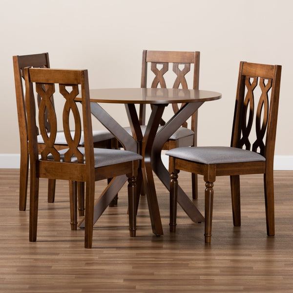 Baxton Studio Baxton Callie Modern 5-Piece Grey Upholstered Dining Set with Walnut Brown Table & Chairs Callie-Grey/Walnut-5PC Dining Set