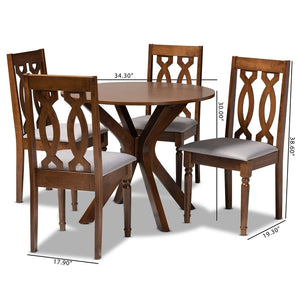 Baxton Studio Baxton Callie Modern 5-Piece Grey Upholstered Dining Set with Walnut Brown Table & Chairs Callie-Grey/Walnut-5PC Dining Set