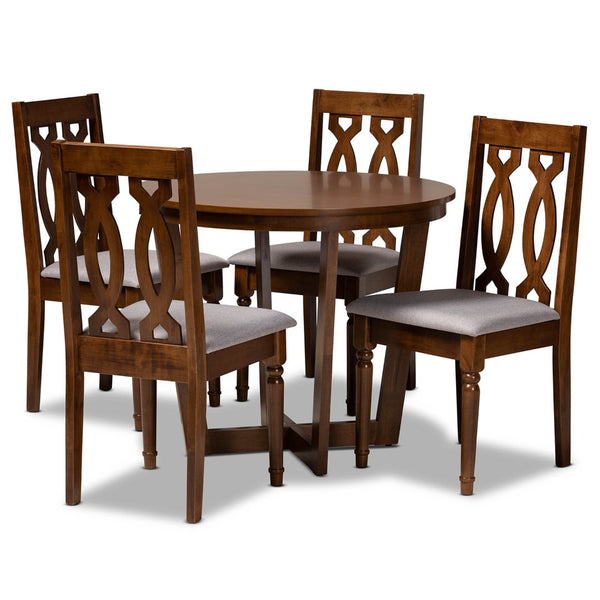 Baxton Studio Baxton Modern 5-Piece Dining Set: Grey Upholstered Chairs & Walnut Brown Circular Table for Elegance Julie-Grey/Walnut-5PC Dining Set