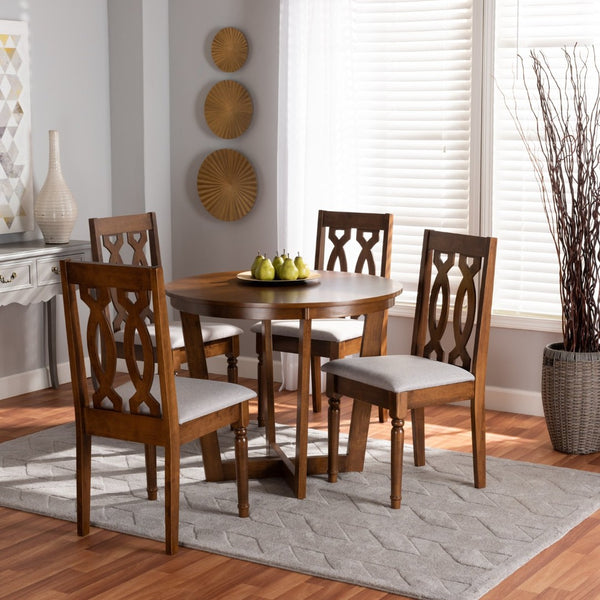 Baxton Studio Baxton Modern 5-Piece Dining Set: Grey Upholstered Chairs & Walnut Brown Circular Table for Elegance Julie-Grey/Walnut-5PC Dining Set
