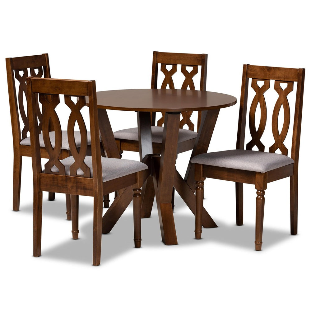 Baxton Studio Baxton Studio Elaine 5-Piece Dining Set: Modern Grey Upholstered Chairs & Walnut Circular Table Elaine-Grey/Walnut-5PC Dining Set