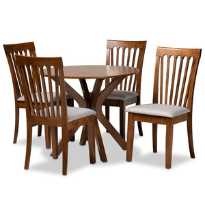 Baxton Studio Baxton Studio Lore 5-Piece Dining Set: Modern Grey Upholstered Chairs & Walnut Round Table Elegance Lore-Grey/Walnut-5PC Dining Set
