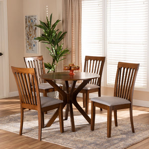Baxton Studio Baxton Studio Lore 5-Piece Dining Set: Modern Grey Upholstered Chairs & Walnut Round Table Elegance Lore-Grey/Walnut-5PC Dining Set