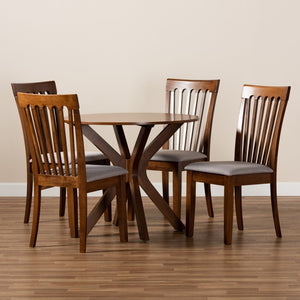 Baxton Studio Baxton Studio Lore 5-Piece Dining Set: Modern Grey Upholstered Chairs & Walnut Round Table Elegance Lore-Grey/Walnut-5PC Dining Set