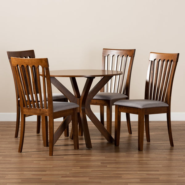 Baxton Studio Baxton Studio Lore 5-Piece Dining Set: Modern Grey Upholstered Chairs & Walnut Round Table Elegance Lore-Grey/Walnut-5PC Dining Set