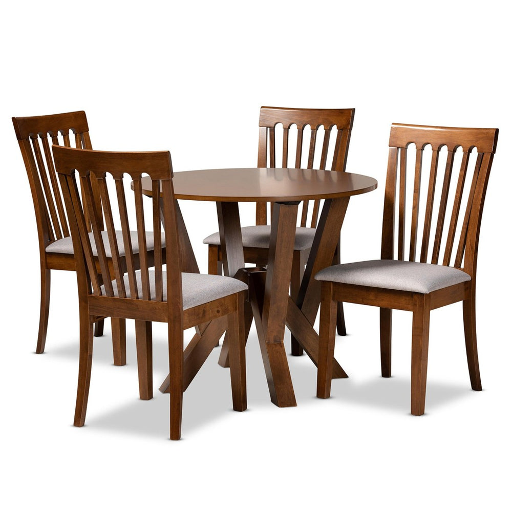 Baxton Studio Baxton Studio Marian 5-Piece Dining Set: Modern Grey Upholstered Chairs & Walnut Round Table Design Marian-Grey/Walnut-5PC Dining Set