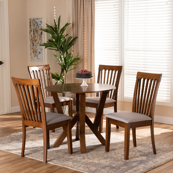 Baxton Studio Baxton Studio Marian 5-Piece Dining Set: Modern Grey Upholstered Chairs & Walnut Round Table Design Marian-Grey/Walnut-5PC Dining Set