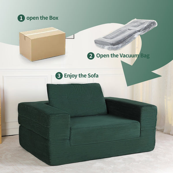 English Elm Compression Human Dog Sofa Bed 3-in-1 Folding Corduroy Floor Couch with Memory Foam Pillow for Living Room Dark Green W3723P376786