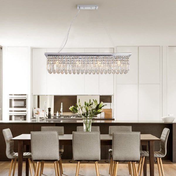English Elm Modern Crystal Chandelier Rectangular 8-Light Raindrop Pendant for Kitchen Island Dining Room Chrome W2312P368688