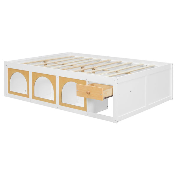 English Elm Full Size Kids Platform Bed with Led Lighting Bookshelf Display Cabinet and Storage Drawer White+Natural N820S00077K