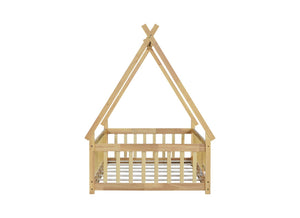 English Elm Twin Tent-Shaped Floor Bed With Guardrails, Playful Design, Natural Wood Finish, Safe & Cozy Space W504P345783-GIGA
