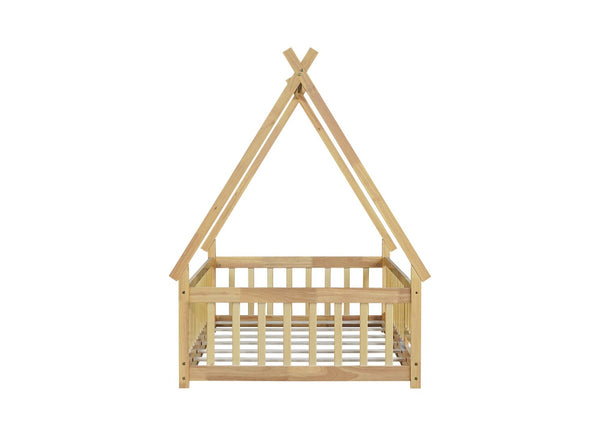 English Elm Twin Tent-Shaped Floor Bed With Guardrails, Playful Design, Natural Wood Finish, Safe & Cozy Space W504P345783-GIGA