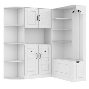 English Elm Multifunctional Modular Hall Tree Cabinet with Open Shelves and Hooks for Entryway White W1580S00519