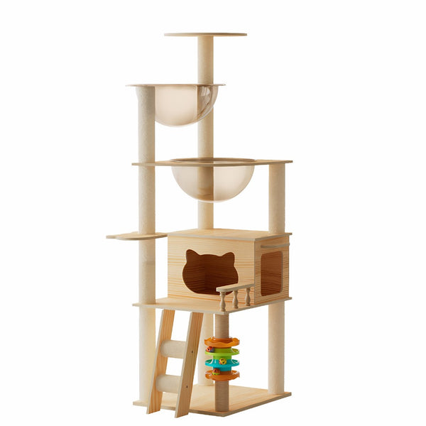 English Elm 59" Modern Wood Cat Tower with Sisal Posts Acrylic Hammock and Elevated Perch W3101P383595