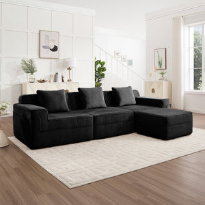 English Elm Modular 3-Seat L-Shape Sectional Couch - Plush Black Corduroy Sofa With Removable Pillows & Ottoman W3041S00325