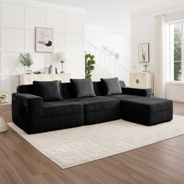 English Elm Modular 3-Seat L-Shape Sectional Couch - Plush Black Corduroy Sofa With Removable Pillows & Ottoman W3041S00325