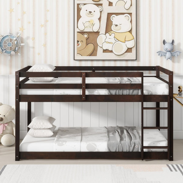 English Elm Solid Twin Over Twin Bunk Bed In Espresso Finish – Sturdy Rubberwood With Ladder & Strengthened Slats W504P191669-GIGA