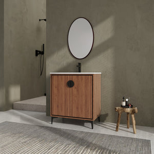 English Elm 30 LEVISTAR Bathroom Vanity with Drop-In Ceramic Sink, 2-Door Engineered Wood Cabinet, Brown, 30" W1972S00002