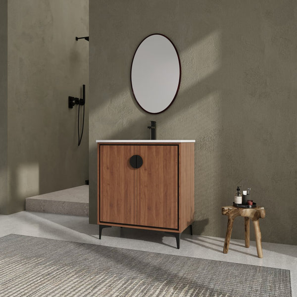 English Elm 30 LEVISTAR Bathroom Vanity with Drop-In Ceramic Sink, 2-Door Engineered Wood Cabinet, Brown, 30" W1972S00002