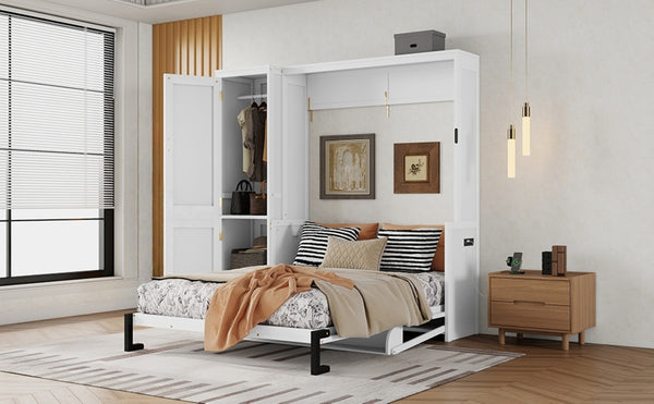 English Elm Queen Murphy Wall Bed with Integrated Desk Gas Strut Lift White Cabinet for Small Spaces W504S00271