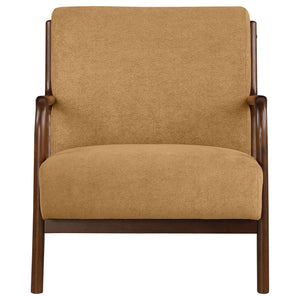 English Elm 1pc Mid-century Modern Accent Armchair with Curved Wood Frame, Soft Upholstery, Splayed Legs for Cozy Spaces Cappuccino,Honey 32 L x 31 W x 18.25 H B011P308535