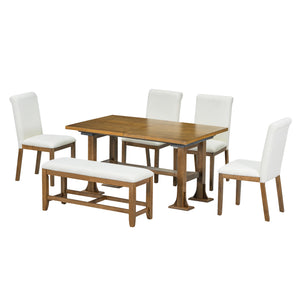 English Elm TOPMAX 76-inch Extendable Trestle Dining Set with 18" Removable Leaf, Upholstered Chairs & Bench Dark Brown SP000048AAD