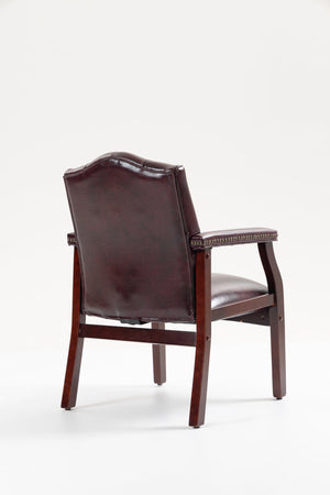 English Elm Leather Reception Guest Chair Burgundy Tufted Mid-Back with Padded Arms Seat 275lb Capacity, Elegant Mahogany Finish W1333P338901