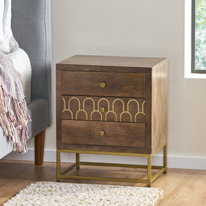 English Elm Christopher Knight Home® - NIGHT Mango Wood Nightstand Walnut with Gold Iron Legs, 3 Drawers, Mid-Century Modern Storage 68570.00