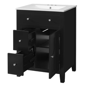 English Elm 24" Modern Bathroom Vanity with Ceramic Basin, French Country Cross-Grid Design & Soft-Close Drawers Black N710P280655B