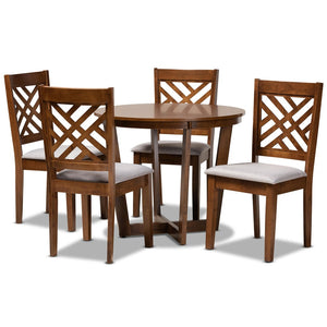 Baxton Studio Baxton Studio Alena 5-Piece Grey Fabric Dining Set with Walnut Wood Table & Elegant Upholstered Chairs Alena-Grey/Walnut-5PC Dining Set