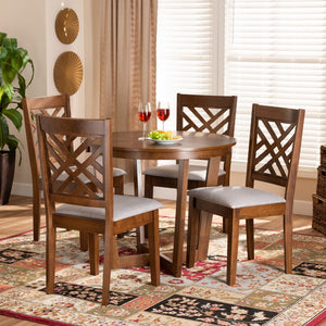 Baxton Studio Baxton Studio Alena 5-Piece Grey Fabric Dining Set with Walnut Wood Table & Elegant Upholstered Chairs Alena-Grey/Walnut-5PC Dining Set