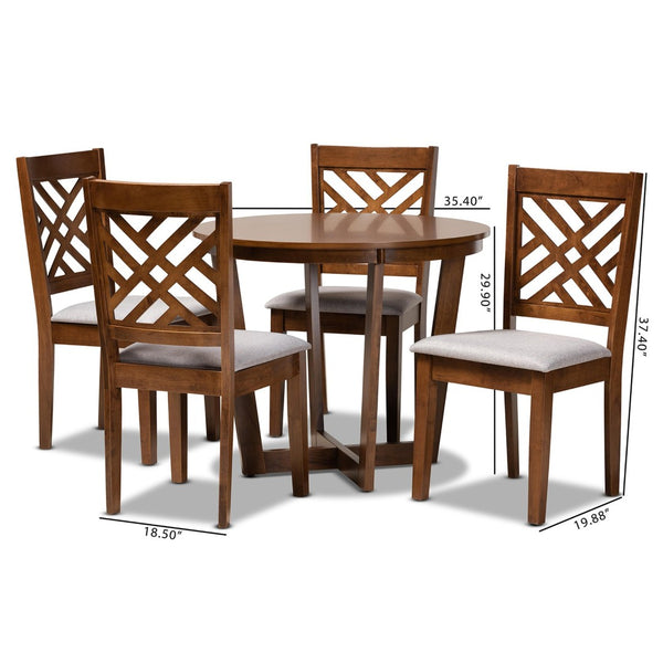 Baxton Studio Baxton Studio Alena 5-Piece Grey Fabric Dining Set with Walnut Wood Table & Elegant Upholstered Chairs Alena-Grey/Walnut-5PC Dining Set