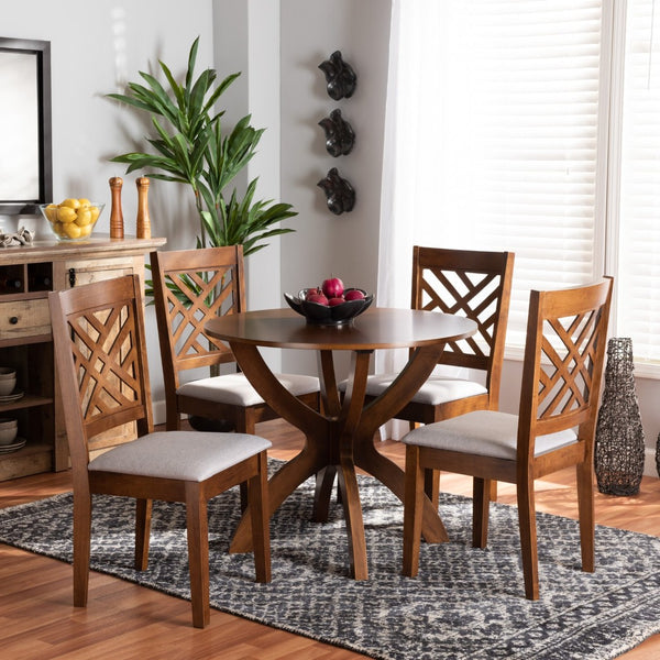 Baxton Studio Baxton Edona 5-Piece Dining Set: Modern Grey Upholstered Chairs & Walnut Brown Table for Stylish Meals Edona-Grey/Walnut-5PC Dining Set