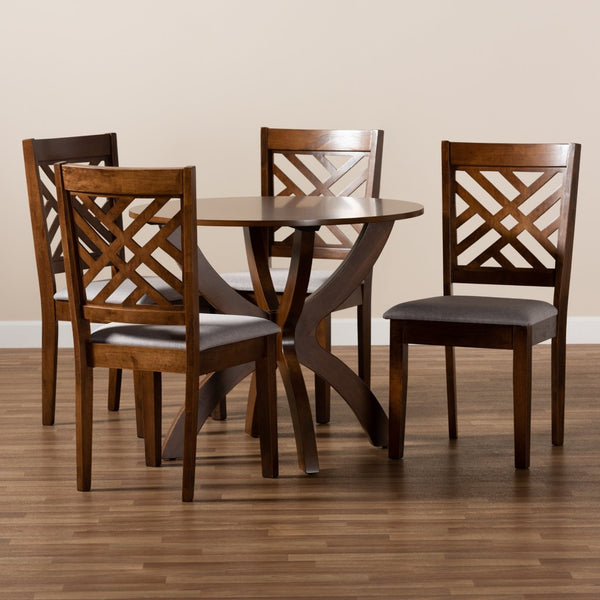 Baxton Studio Baxton Edona 5-Piece Dining Set: Modern Grey Upholstered Chairs & Walnut Brown Table for Stylish Meals Edona-Grey/Walnut-5PC Dining Set