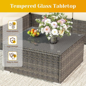 English Elm 5-piece Outdoor Modular Pe Rattan Wicker Patio Set with Tempered Glass Coffee Table Beige B082P455126