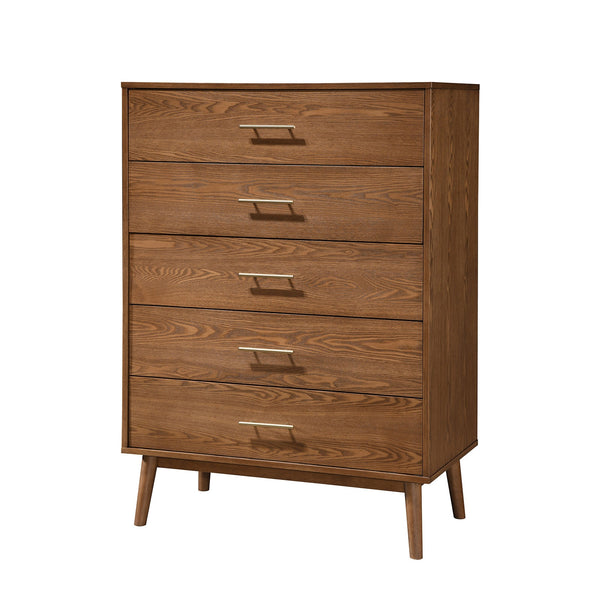 English Elm Walnut Mid-Century 5-Drawer Chest with Nickel Bar Pulls, Solid Wood Veneer, Anti-Tip System, 33.5"W x 17.5"D x 47.5"H Walnut 36 L x 21 W x 45 H B2741P361150