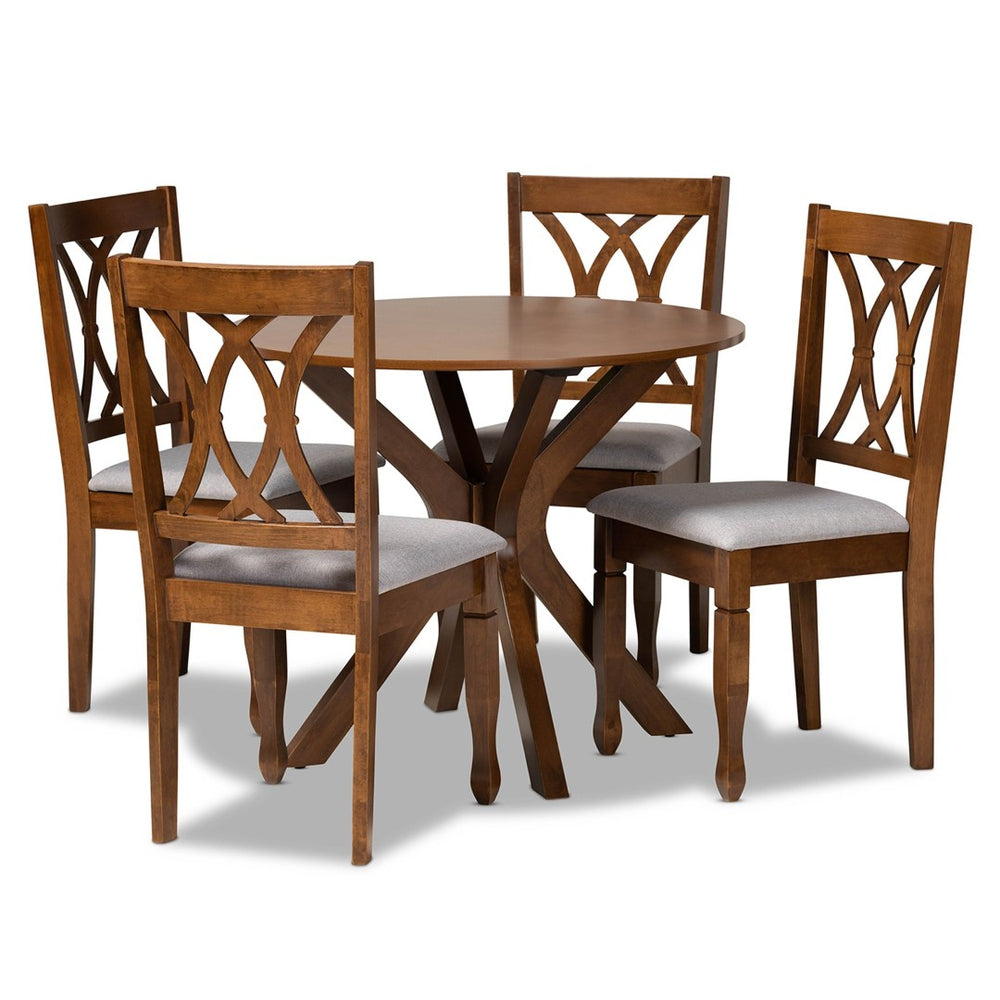 Baxton Studio Baxton Studio Maya 5-Piece Dining Set - Modern Grey Upholstered Chairs & Walnut Round Table Design Maya-Grey/Walnut-5PC Dining Set