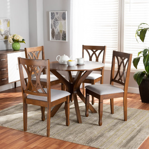 Baxton Studio Baxton Studio Maya 5-Piece Dining Set - Modern Grey Upholstered Chairs & Walnut Round Table Design Maya-Grey/Walnut-5PC Dining Set