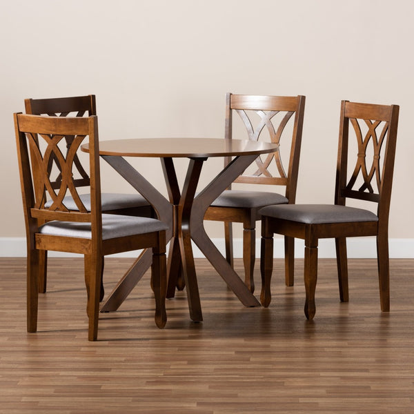 Baxton Studio Baxton Studio Maya 5-Piece Dining Set - Modern Grey Upholstered Chairs & Walnut Round Table Design Maya-Grey/Walnut-5PC Dining Set